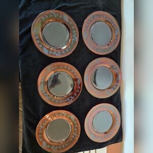 Set of Six Decorative Plates with Floral Design Cranberry Color Vintage